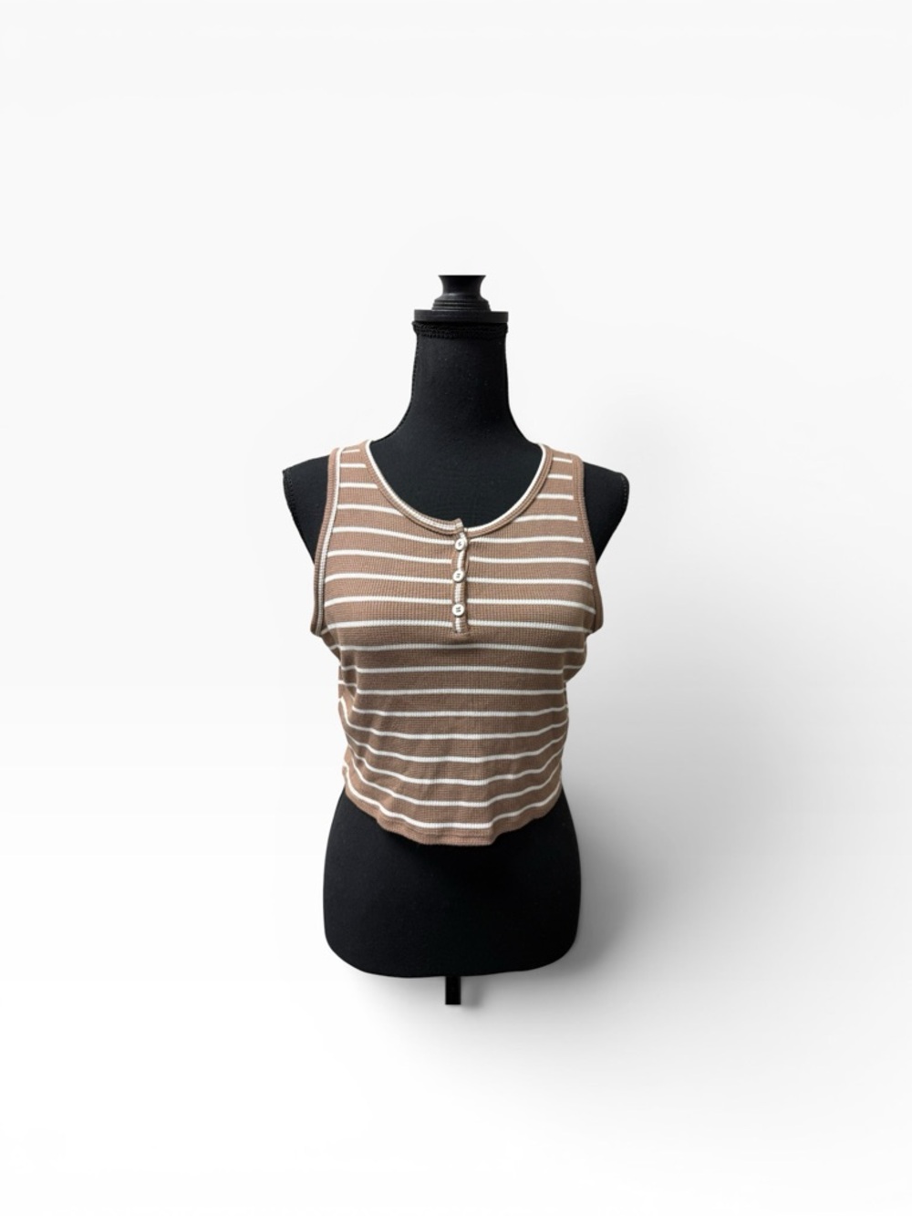 Rebellious Dreamer Brown Stripe Crop Tank Large Button Front Ribbed Casual